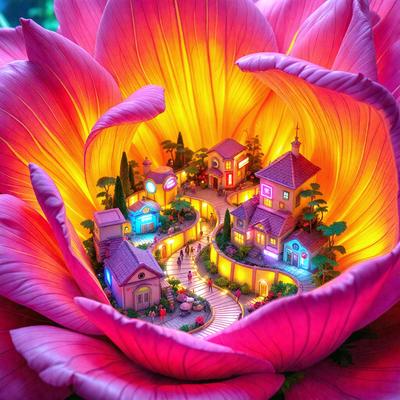 The primary subject of the image is a pink flower with a city scene inside it. The setting is a pink flower with a city scene inside it. The visual style is a photo of a pink flower with a city scene inside it. The dominant colors are pink and the overall atmosphere is vibrant and lively.